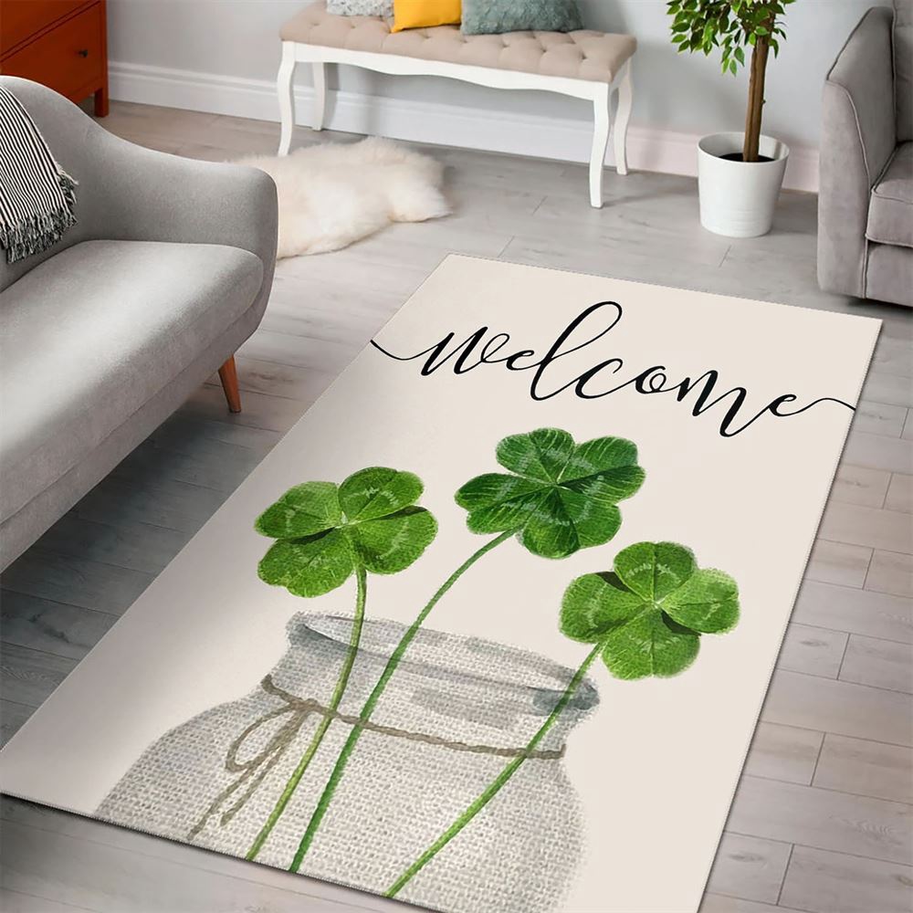 St Patricks Day Rug, Welcome St Patrick’s Day Shamrock Clover Vase Rug
