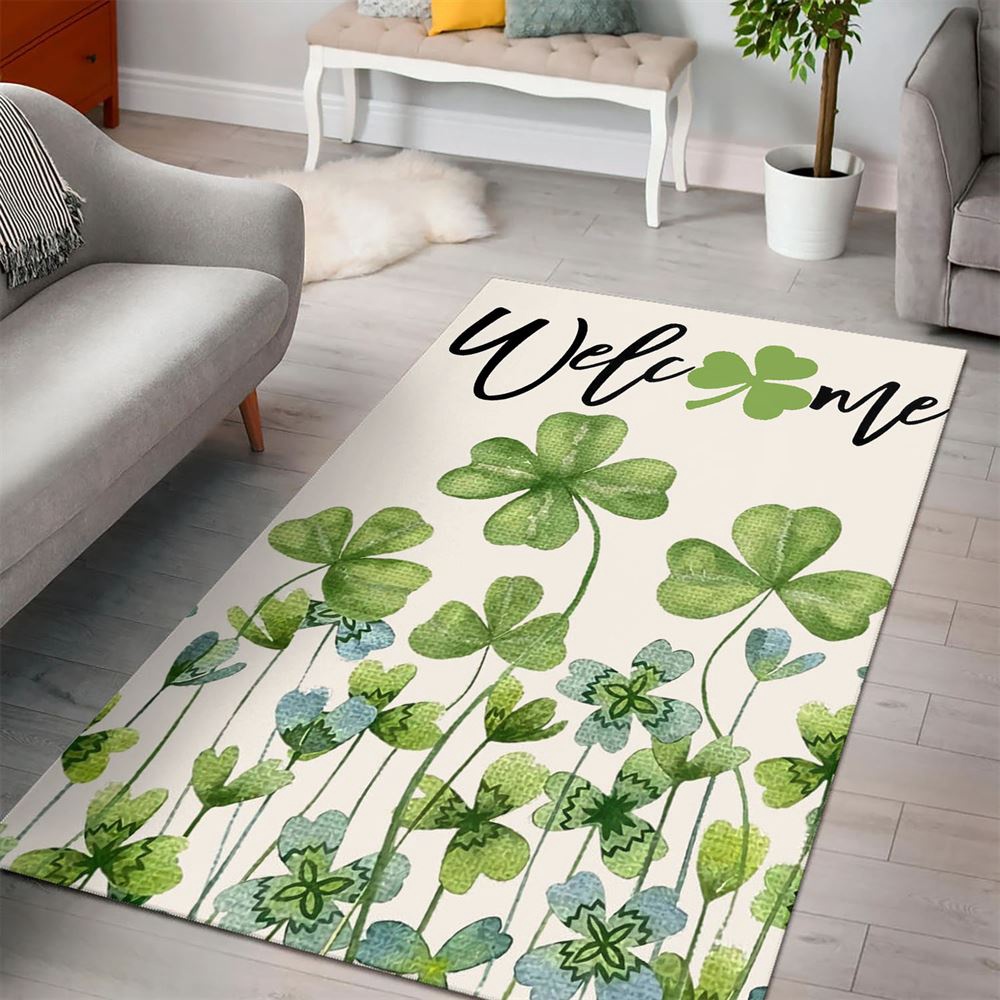 St Patricks Day Rug, Welcome St Patricks Day Green Shamrock Clover Rug