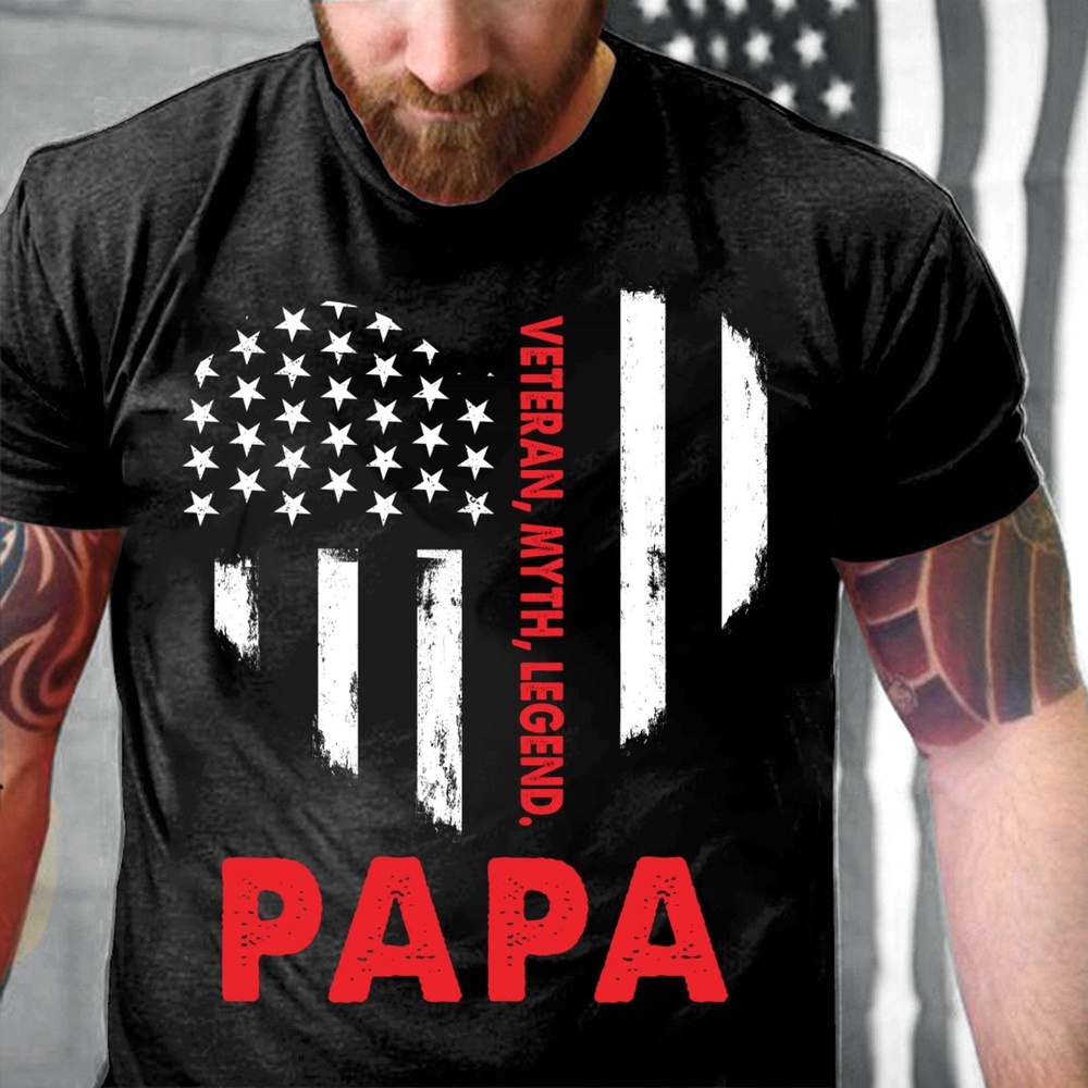 Veteran T Shirt, Daddy Shirt Veteran Myth Legend Papa Heart USA Flag T-Shirt, Veterans Day Shirts