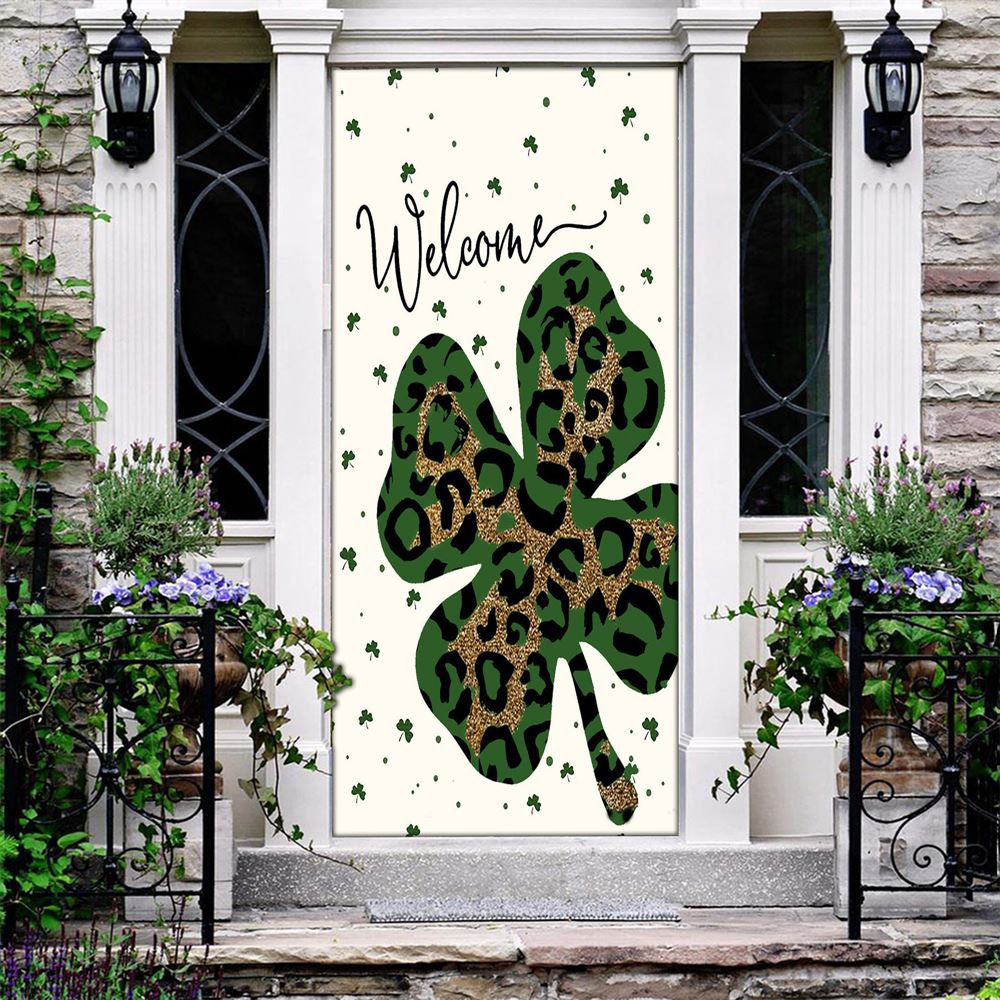 Welcome St Patrick’s Day Leopard Shamrock Clover Door Cover, St Patrick’s Day Door Cover, St Patrick’s Day Door Decor
