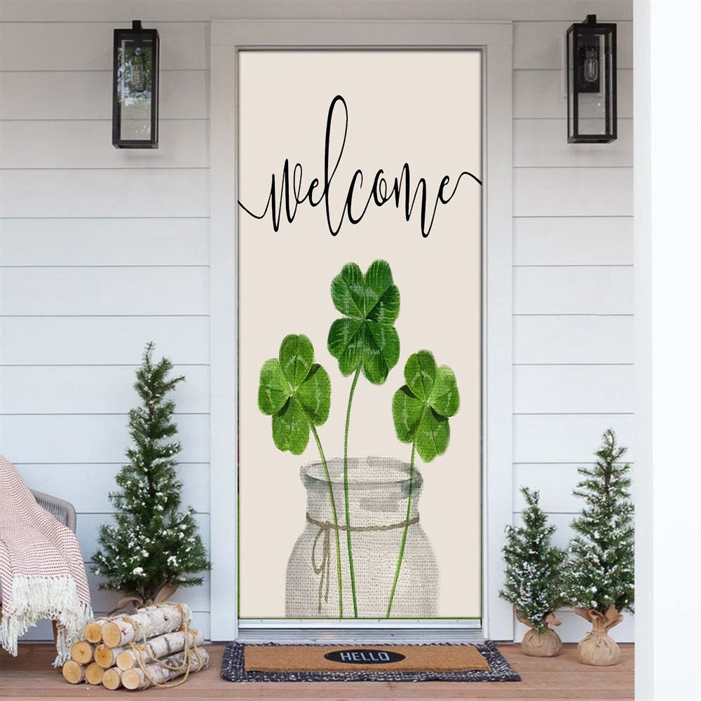 Welcome St Patrick’s Day Shamrock Clover Vase Door Cover, St Patrick’s Day Door Cover, St Patrick’s Day Door Decor