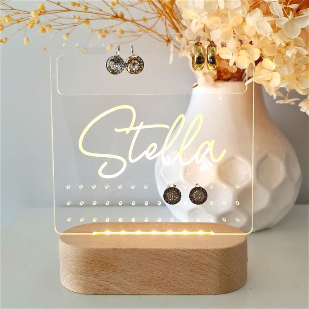 Custom Earring Stand, Personalised Name 3D Led Light Wooden Base, Custom Mothers Day Gifts Custom Earring Stand, Personalised Name 3D Led Light Wooden Base, Custom Mothers Day Gifts