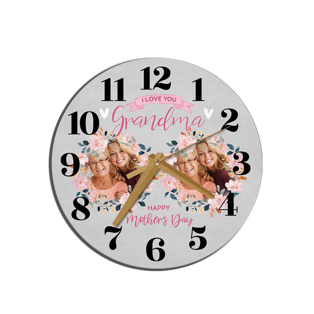 Grandma Mother’s Day Gift Grey Flower Photos Personalised Wooden Clock, Mother’s Day Clock, Custom Mothers Day Gifts