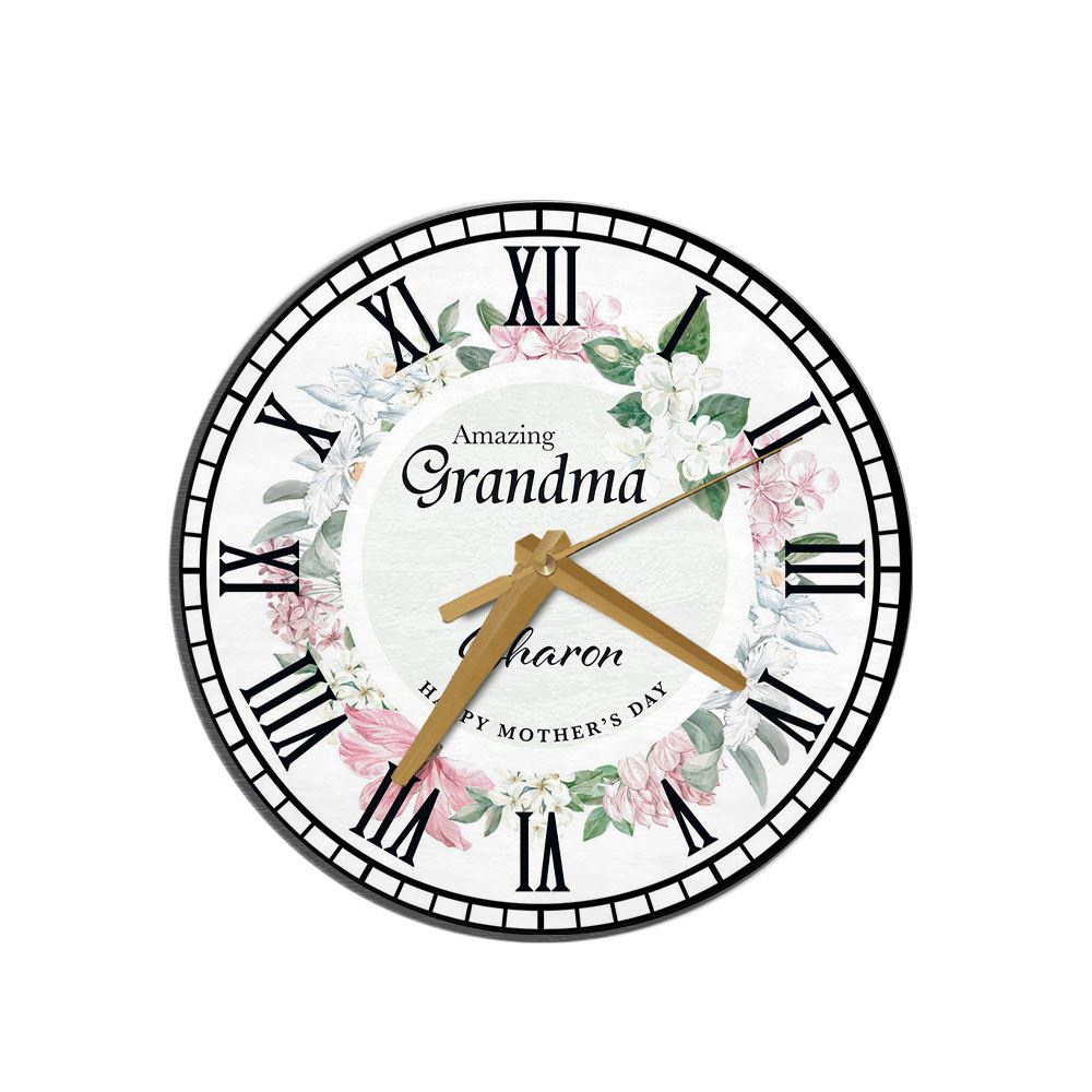 Grandma Mother’s Day Gift Pink Floral Wreath Personalised Wooden Clock, Mother’s Day Clock, Mother’s Day Gifts