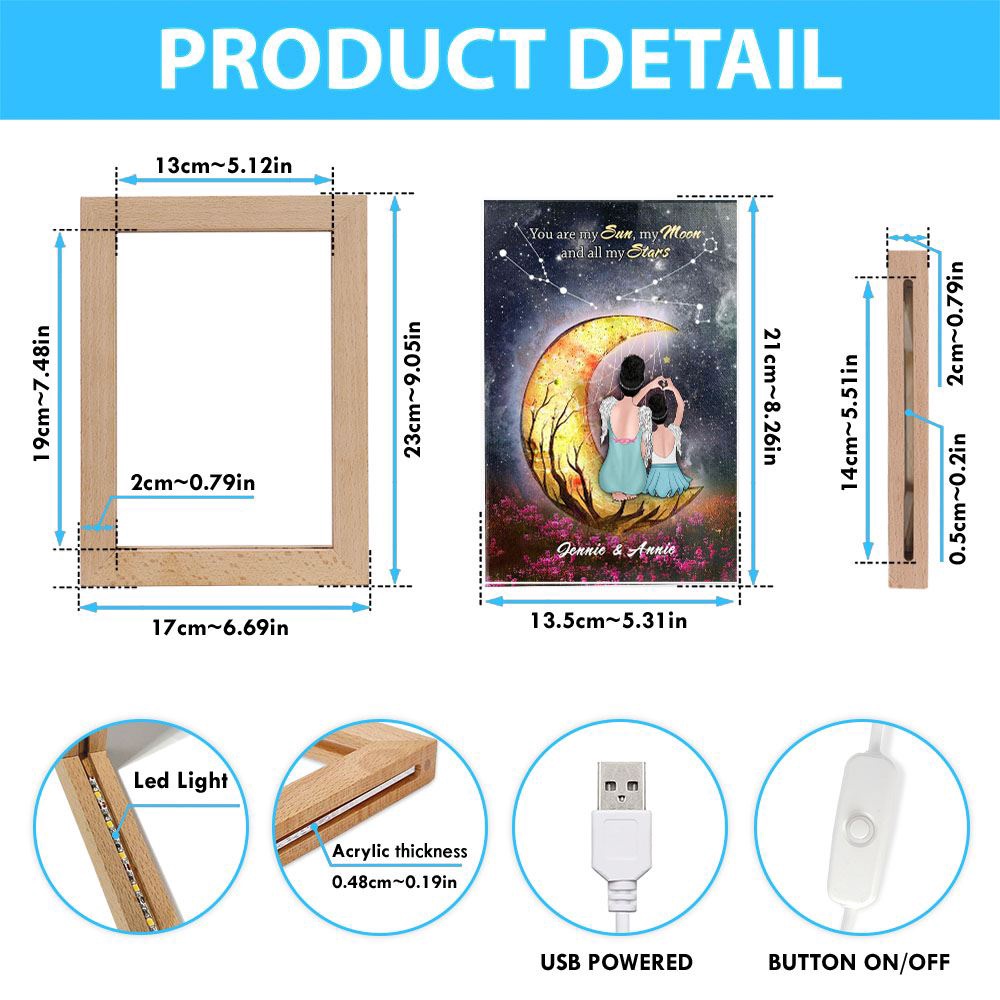 Heart Shaped Mother Daughter Night Sky Moon Star Custom Style Frame Lamp, Picture Frame Light, Frame Lamp, Mother’s Day Gifts