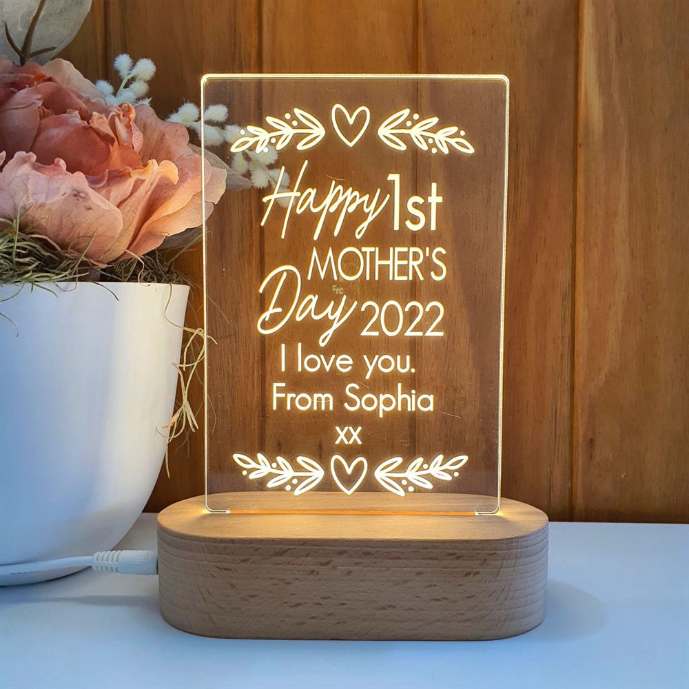 Mother’s Day Led Lights, Happy 1st Mother’s Day 3D Led Light Wooden Base, Custom Mothers Day Gifts
