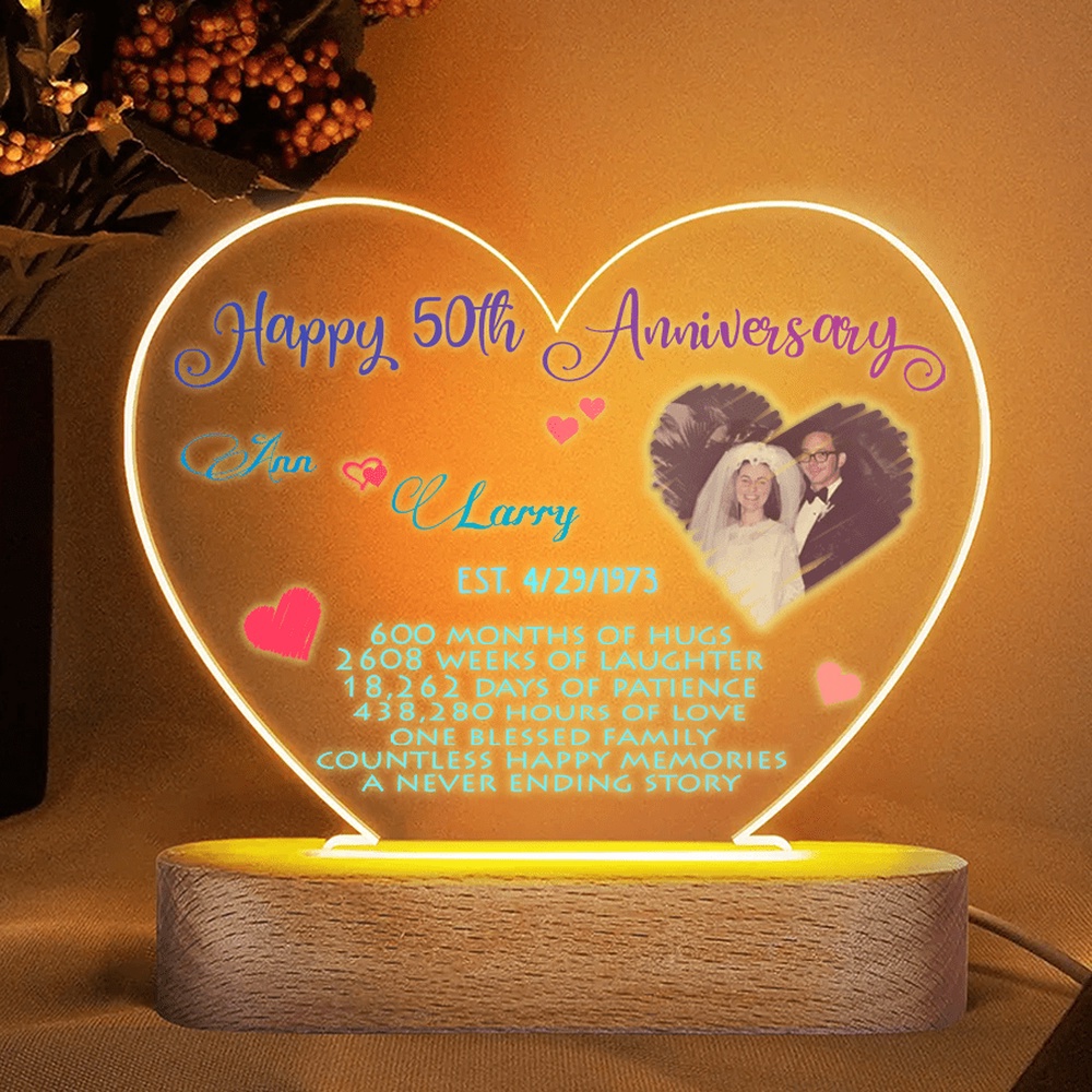 Mother’s Day Led Lights, Personalized 50th Anniversary Night Light, Custom Couple’s Names Date Photo Perfect Gifts For Old Couples