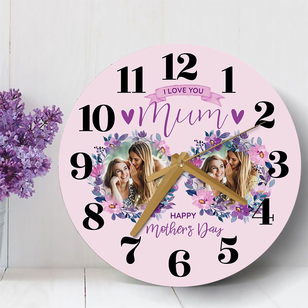 Mum Mother’s Day Gift Pink Flower Photos Personalised Wooden Clock, Mother’s Day Clock, Custom Mothers Day Gifts