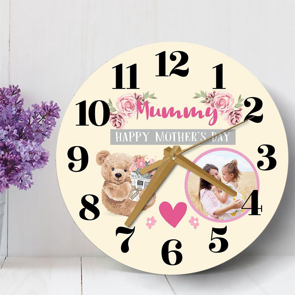 Mummy Mother’s Day Gift Bear Photo Yellow Personalised Wooden Clock, Mother’s Day Clock, Custom Mothers Day Gifts