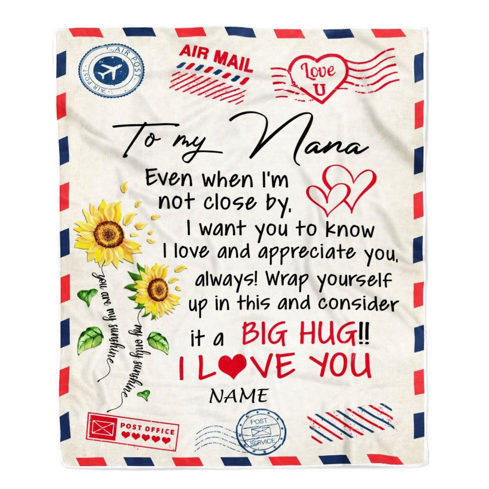 Nana Blanket From Grandkids Love Big Hug Air Mail Letter Sunflower, Personalized Blanket For Mom, Mother’s Day Gifts Blanket