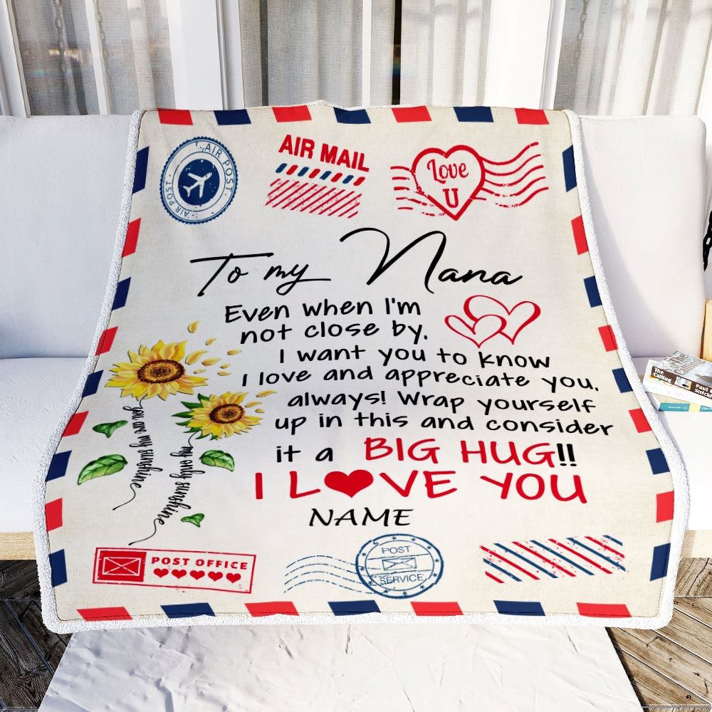 Nana Blanket From Grandkids Love Big Hug Air Mail Letter Sunflower, Personalized Blanket For Mom, Mother’s Day Gifts Blanket