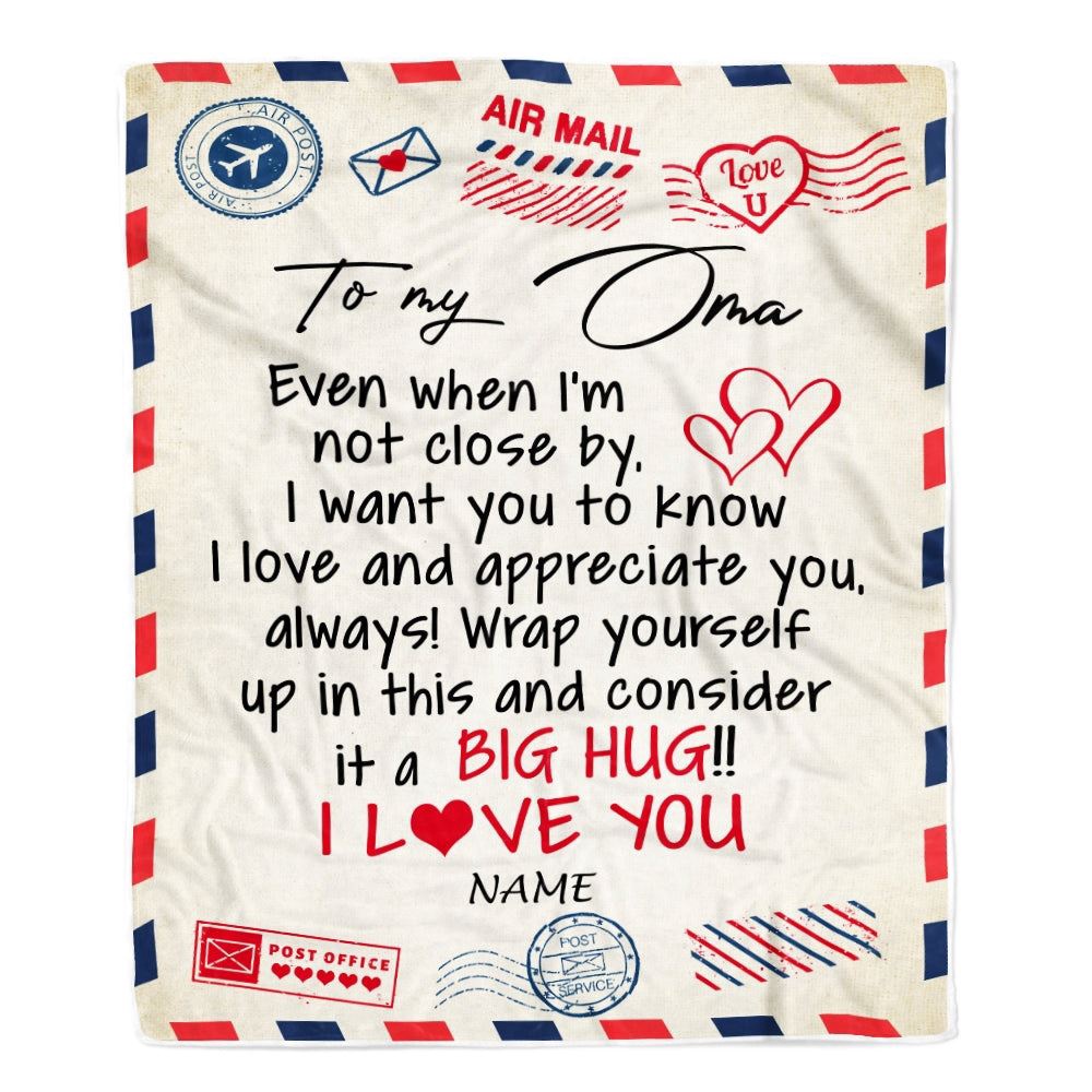 Oma Blanket From Grandkids I Love You Hugs Air Mail Letter, Personalized Blanket For Mom, Mother’s Day Gifts Blanket