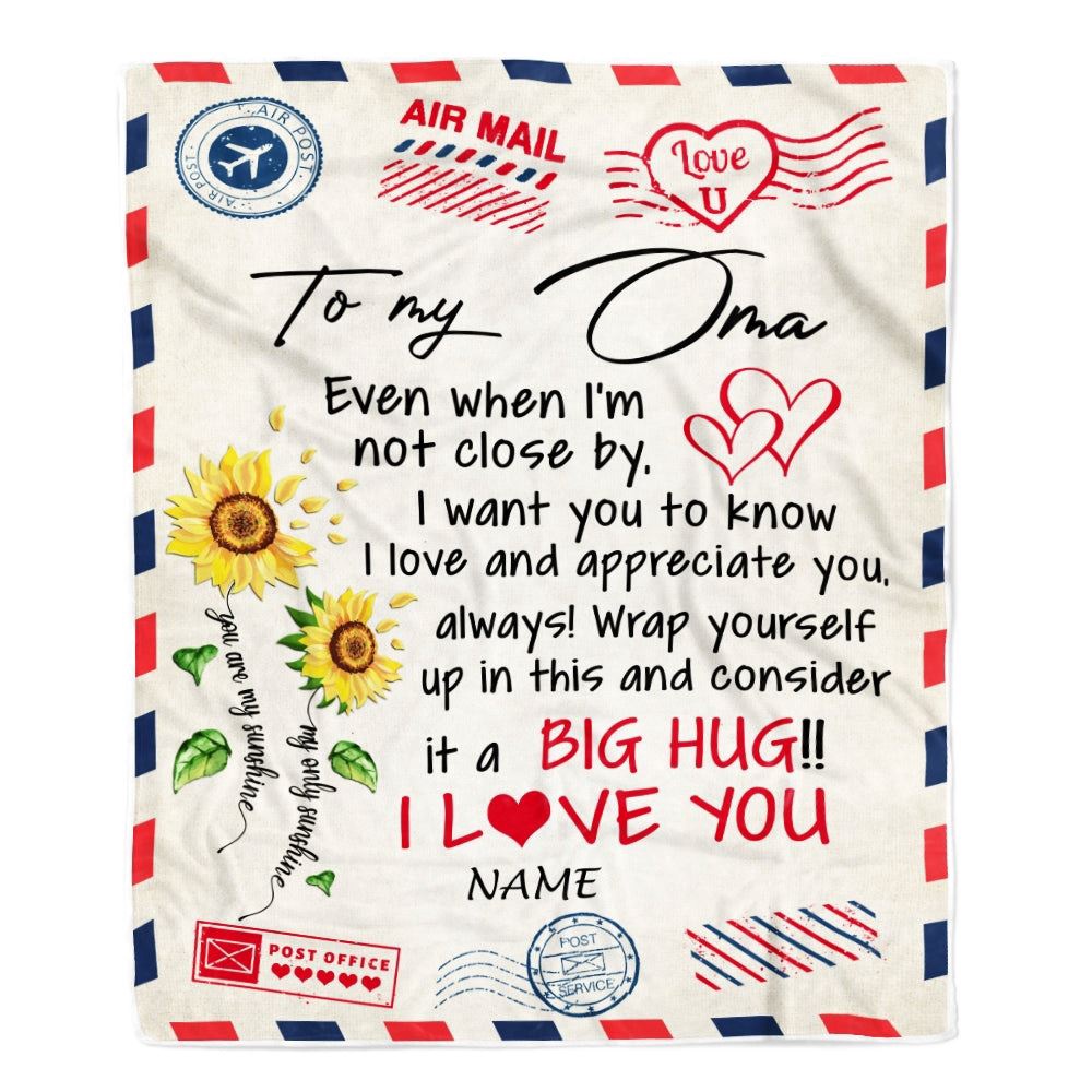 Oma Blanket From Grandkids Love Big Hug Air Mail Letter Sunflower, Personalized Blanket For Mom, Mother’s Day Gifts Blanket