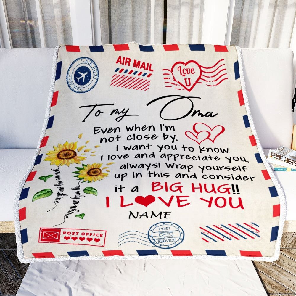 Oma Blanket From Grandkids Love Big Hug Air Mail Letter Sunflower, Personalized Blanket For Mom, Mother’s Day Gifts Blanket