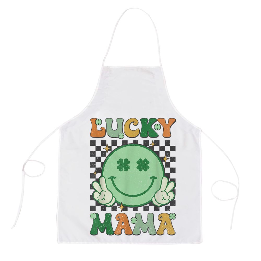 Retro Groovy St Patricks Day Lucky Mama Smile Mom Mother Apron, Mothers Day Apron, Mother’s Day Gifts