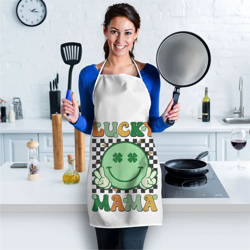 Retro Groovy St Patricks Day Lucky Mama Smile Mom Mother Apron, Mothers Day Apron, Mother’s Day Gifts