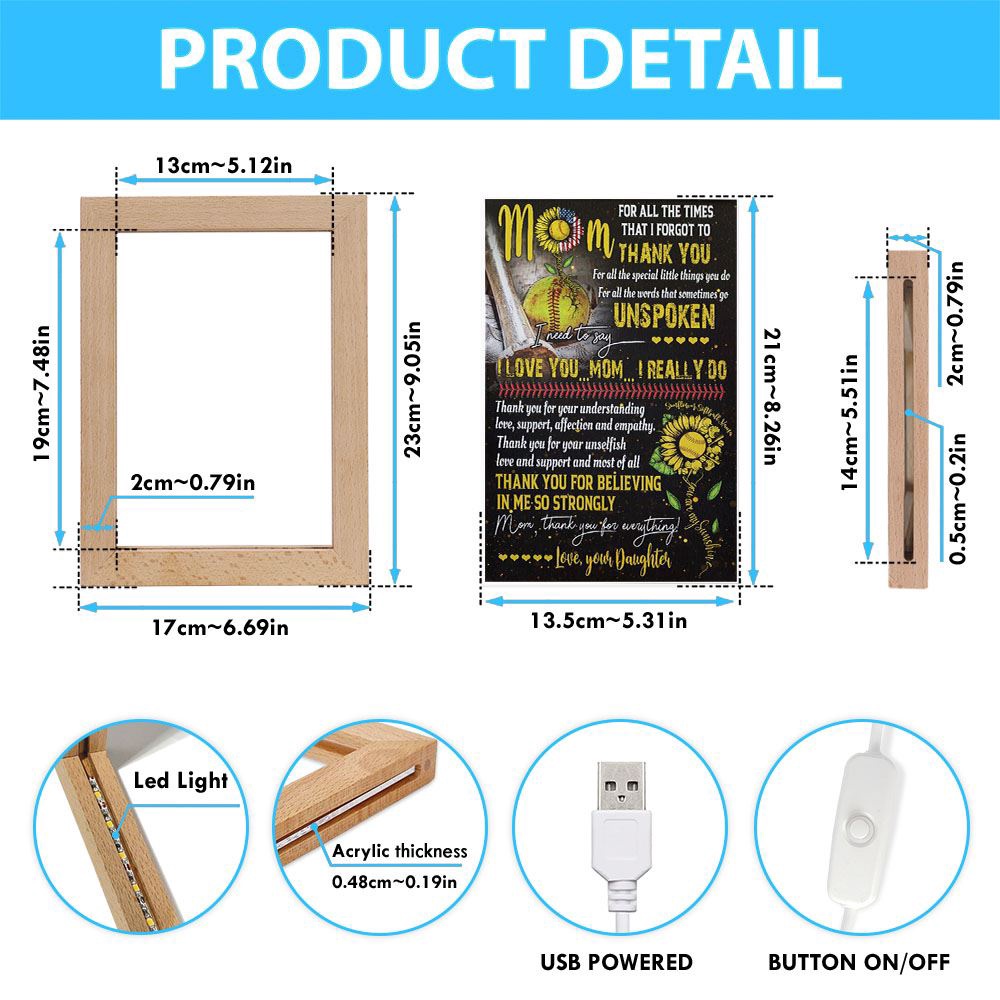 Softball Daughter To Mom, Thank You For Everything Frame Lamp, Picture Frame Light, Frame Lamp, Mother’s Day Gifts