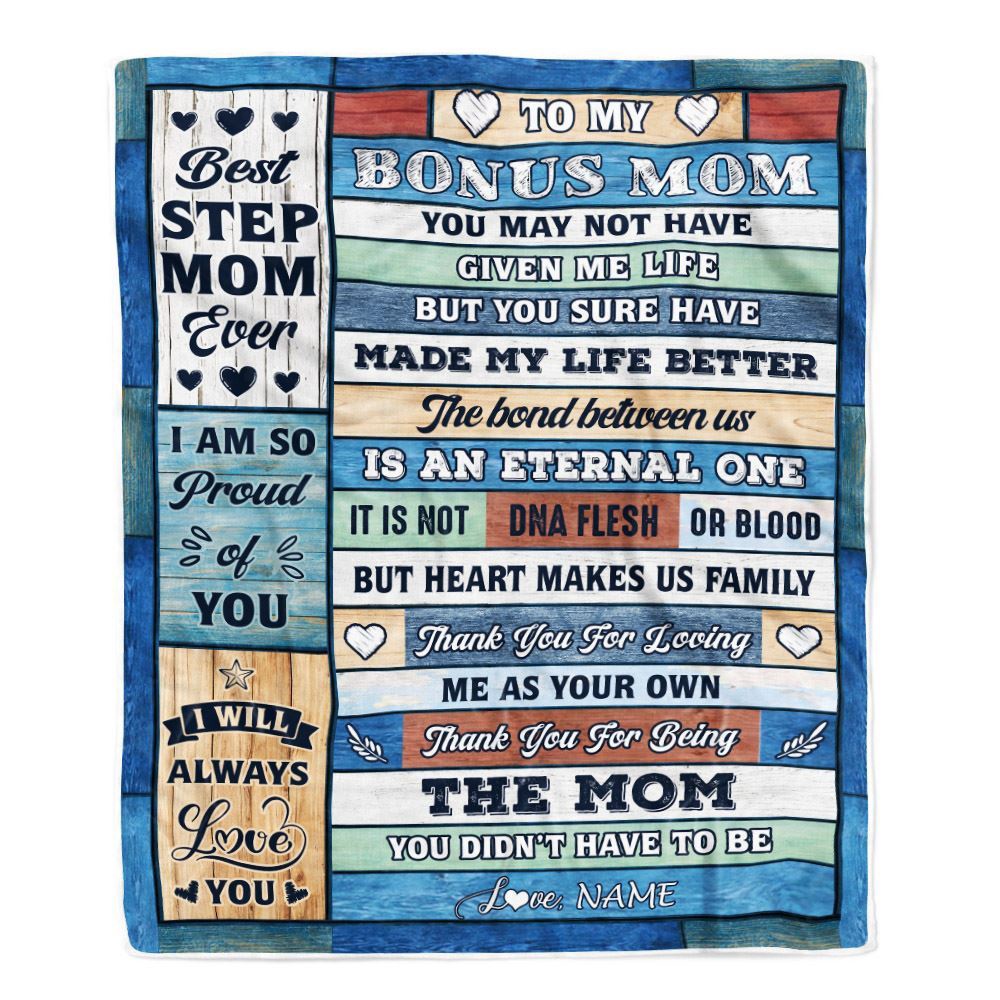 To My Bonus Mom Blanket From Step Daughter Son Wood Best Gifts For Great, Personalized Blanket For Mom, Mother’s Day Gifts Blanket