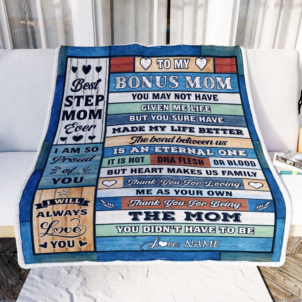 To My Bonus Mom Blanket From Step Daughter Son Wood Best Gifts For Great, Personalized Blanket For Mom, Mother’s Day Gifts Blanket