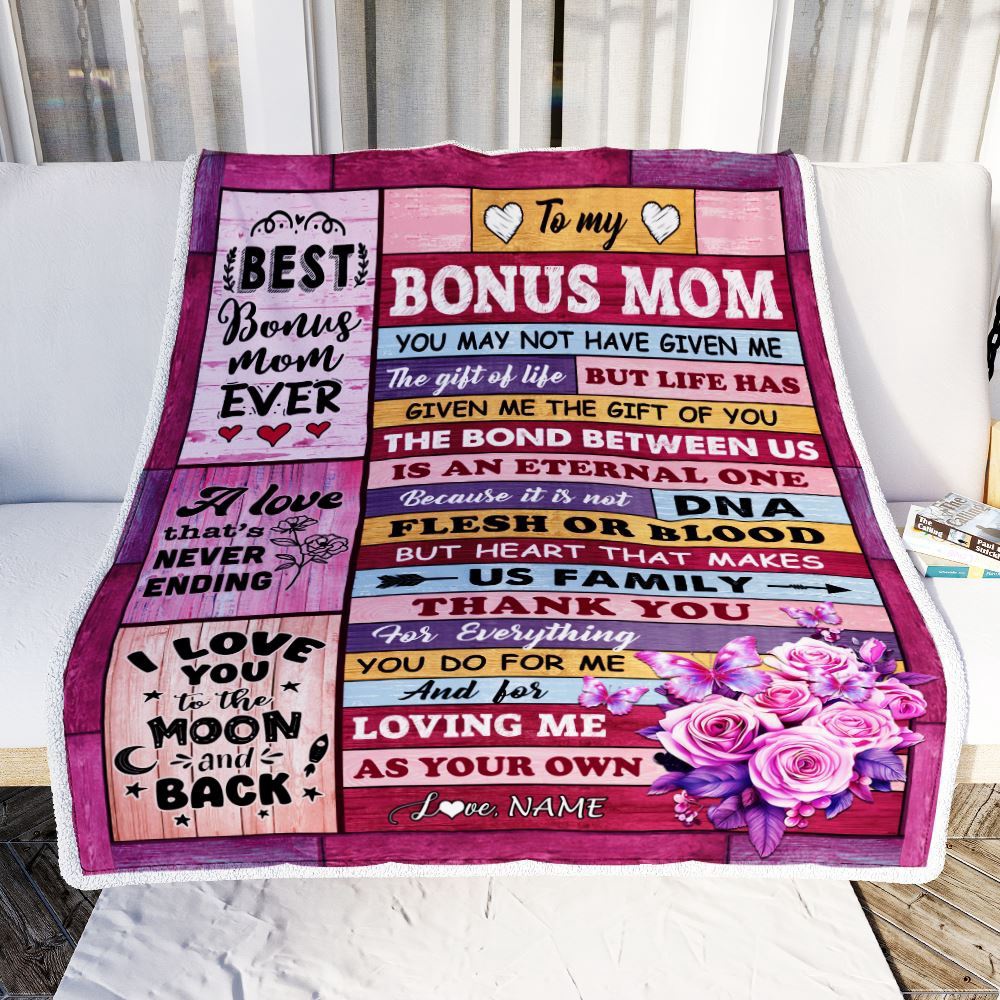 To My Bonus Mom Blanket From Stepdaughter Stepson Wood Thank You For Everything Step, Personalized Blanket For Mom, Mother’s Day Gifts Blanket
