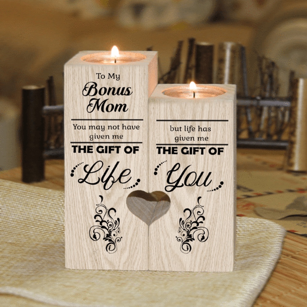 To My Bonus Mom Wooden Candlestick Shelf Couple Decoration Gift, Mothers Day Candle