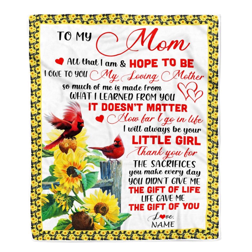 To My Mom Blanket From Daughter Little Girl Red Bird Cardinal Sunflower My Lovin, Mother Day Blanket, Personalized Blanket For Mom