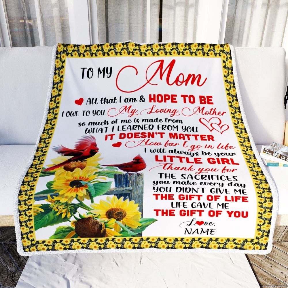 To My Mom Blanket From Daughter Little Girl Red Bird Cardinal Sunflower My Lovin, Mother Day Blanket, Personalized Blanket For Mom