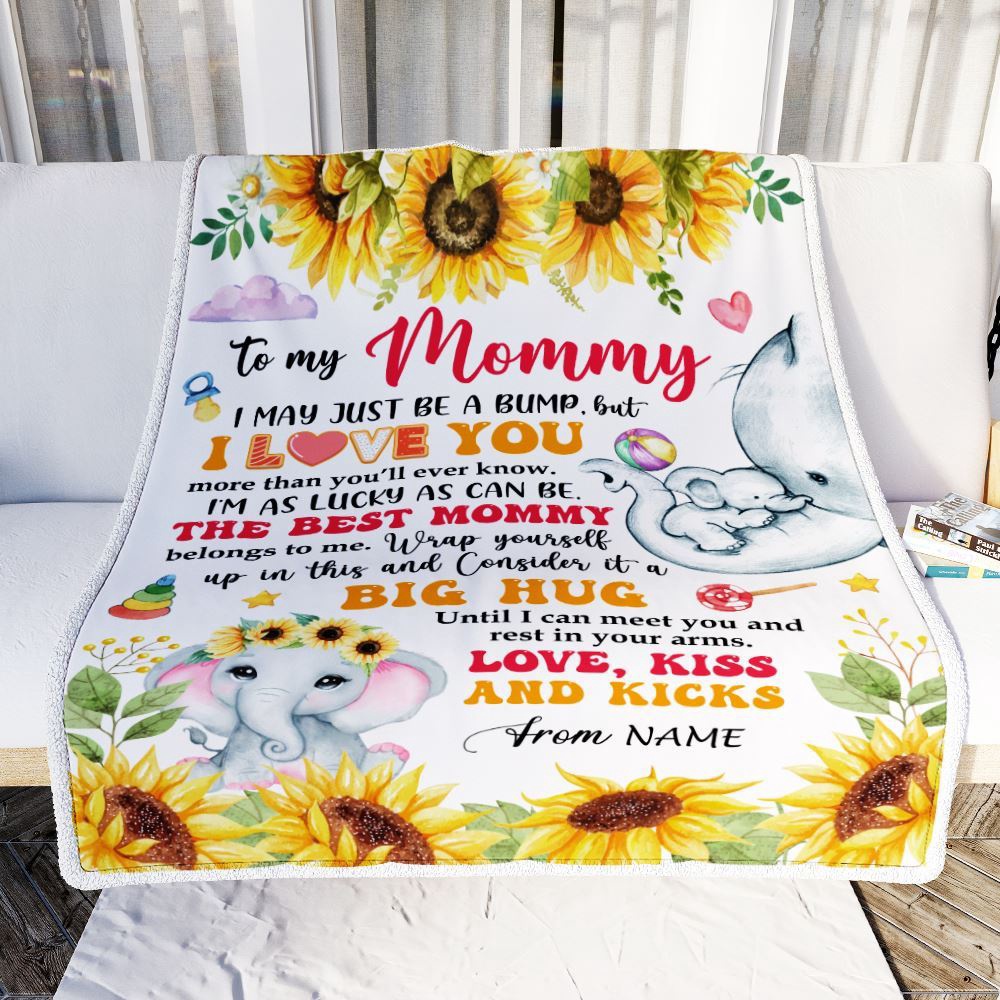 To My Mommy Blanket From Baby Name First Time Mom Elephant Sunflower I May Just Be A Bump Happy, Mother Day Blanket, Personalized Blanket For Mom
