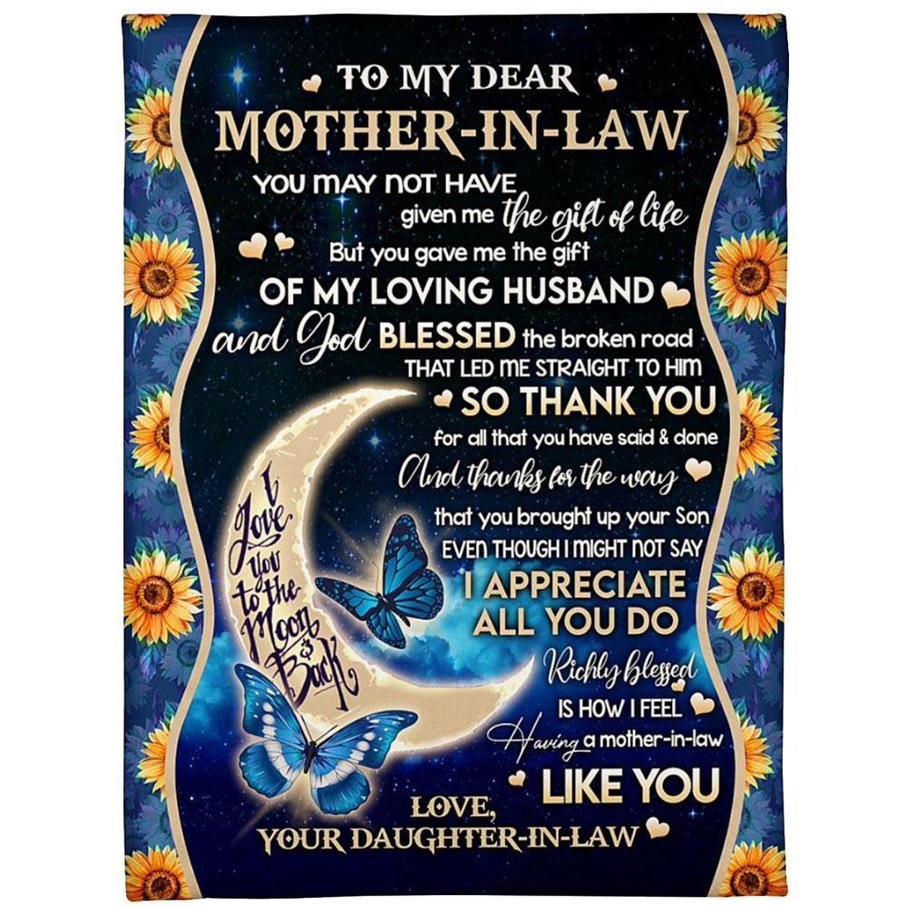 To My Mother-In-Law Blanket Sunflower Blue Butterflies & Moon Blanket, Blankets For Mothers Day To My Mother-In-Law Blanket Sunflower Blue Butterflies & Moon Blanket, Blankets For Mothers Day