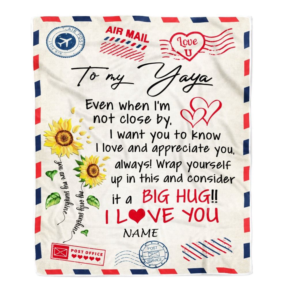 To My Yaya Blanket From Kids Love Big Hug Air Mail Letter Sunflower, Mother Day Blanket, Personalized Blanket For Mom
