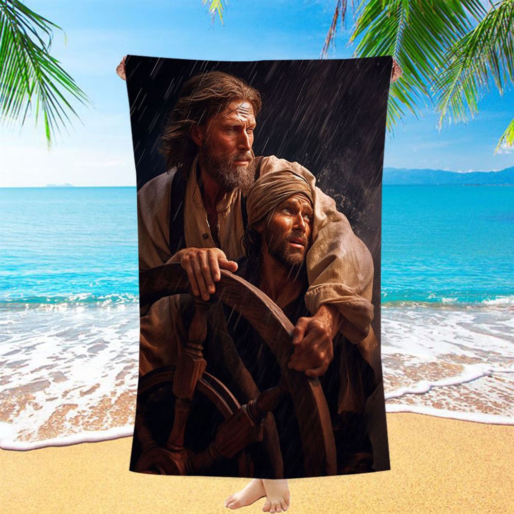 A Portrait Of Jesus Christ Behind A Sailor Beach Towel, Christian Beach Towel, Summer Towels