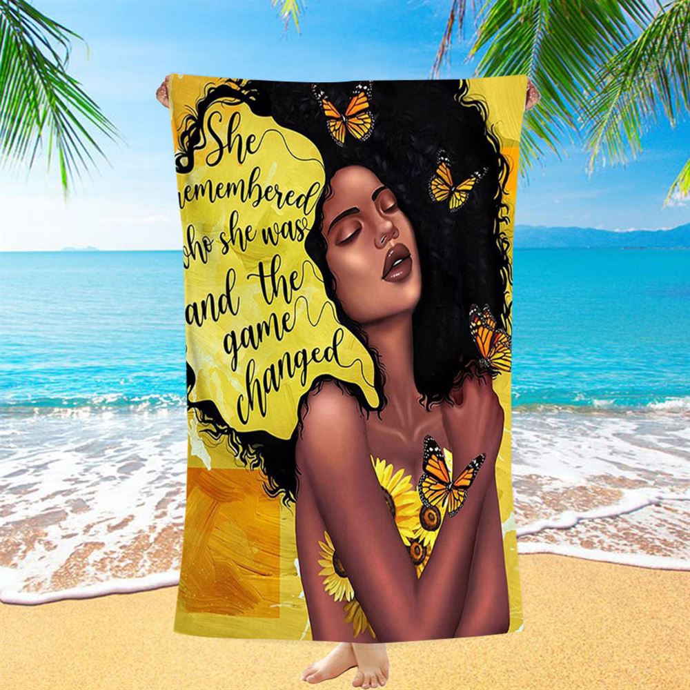 African American Woman Black Beach Towel, She Remembered Who She Was And The Game Changed Beach Towel, Christian Beach Towel