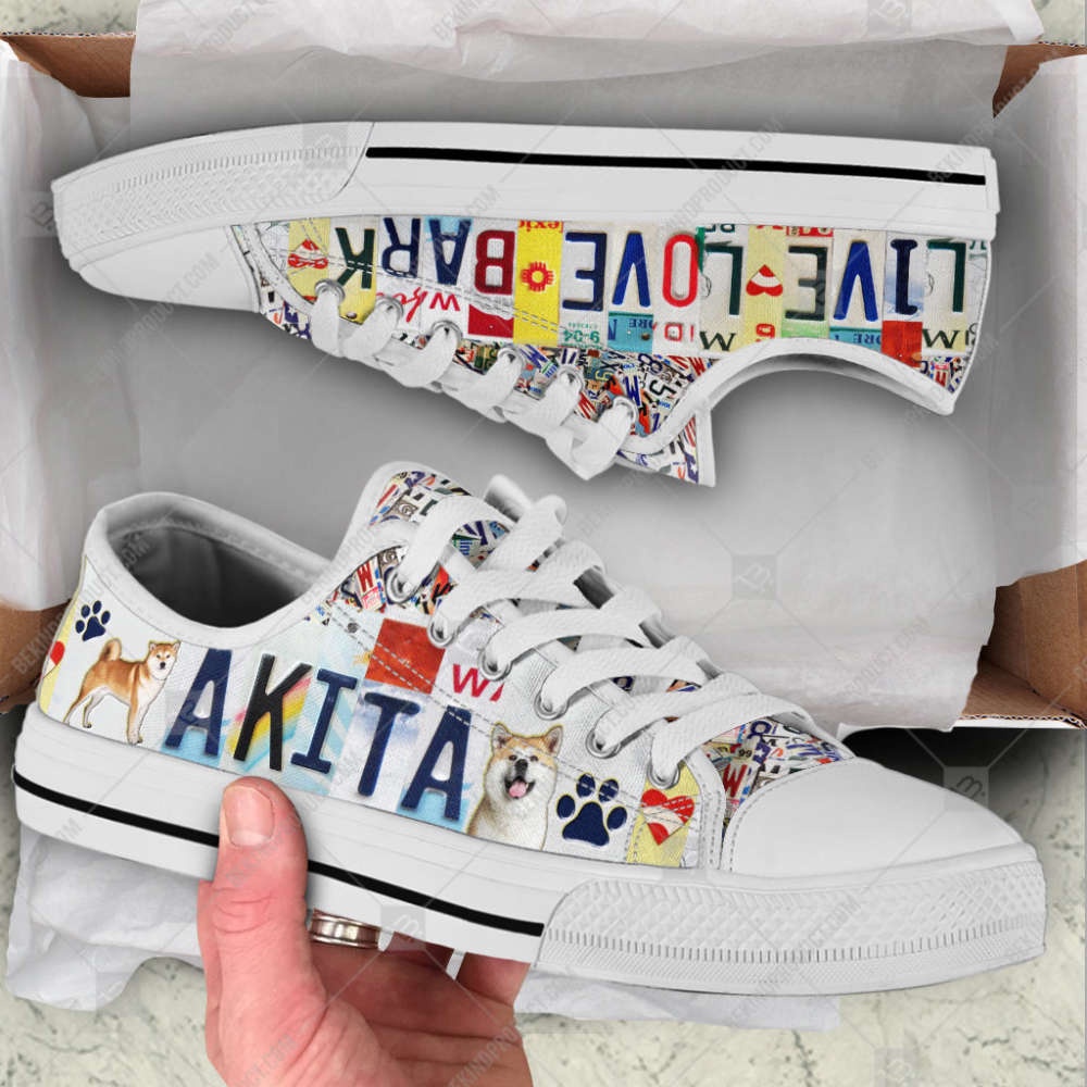 Akita Dog License Plates Low Top Shoes Canvas Sneakers Casual Shoes, Designer Low Top Shoes, Low Top Sneakers