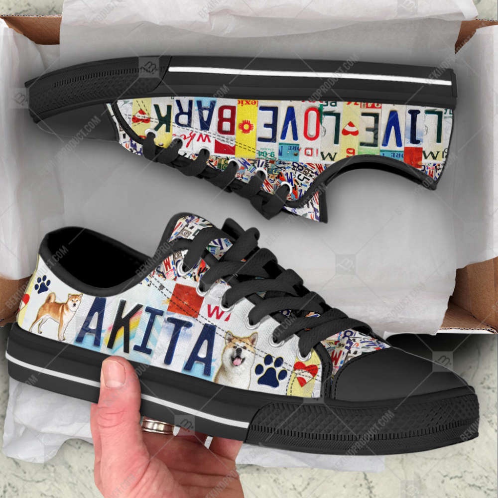 Akita Dog License Plates Low Top Shoes Canvas Sneakers Casual Shoes, Designer Low Top Shoes, Low Top Sneakers