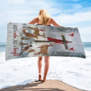 All Is Calm All Is Bright Animal Wooden Cross Beach Towel, Christian Beach Towel, Summer Towels