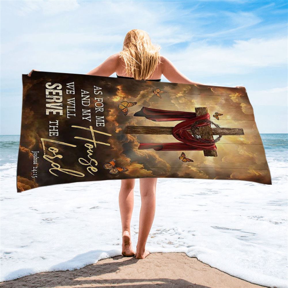 As For Me And My House Big Cross Butterfly Beach Towel, Christian Beach Towel, Summer Towels