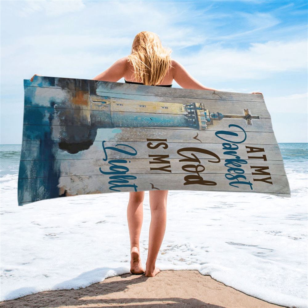 At My Drakest God Is My Life Lighthouse Beach Towel, Christian Beach Towel, Summer Towels