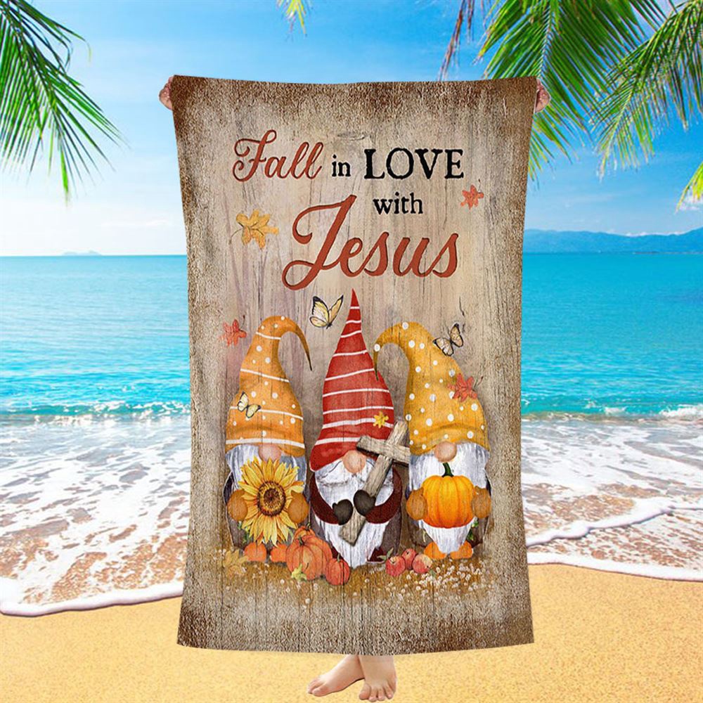 Autumn Gnome Wooden Cross Sunflower Butterfly, Fall In Love With Jesus Beach Towel, Christian Beach Towel, Summer Towels