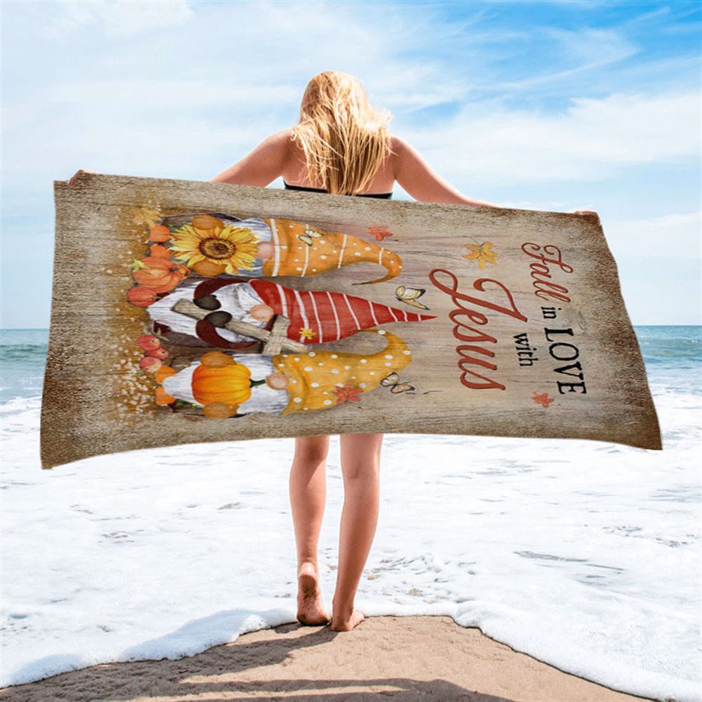 Autumn Gnome Wooden Cross Sunflower Butterfly, Fall In Love With Jesus Beach Towel, Christian Beach Towel, Summer Towels