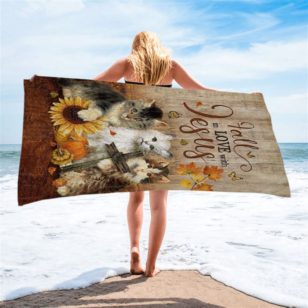 Autumn Season Cute Kittens Pumpkin Cat Painting Beach Towel, Fall In Love With Jesus Beach Towel, Christian Beach Towel