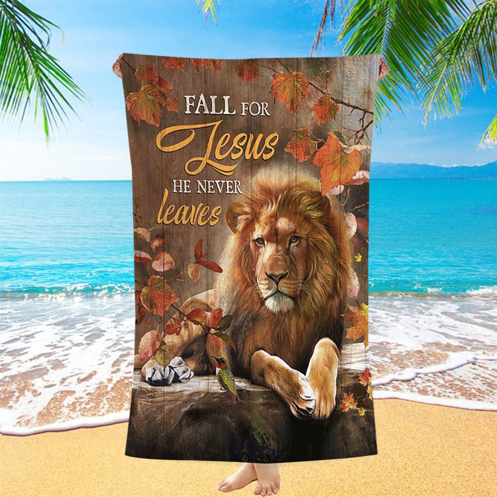 Autumn Season Lion Of Judah Autumn Leaves Fall For He Never Leaves Beach Towel, Christian Beach Towel, Summer Towels