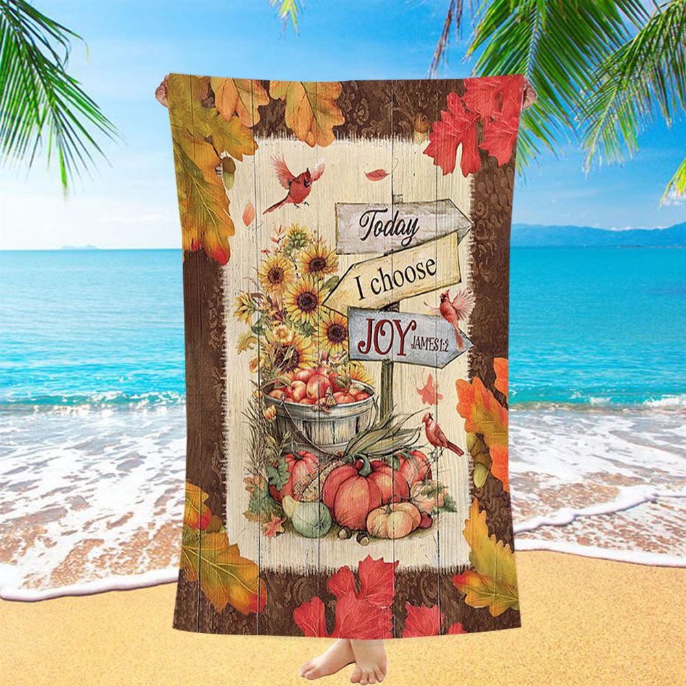 Autumn Season Red Cardinal Pumpkin Sunflower Beach Towel, Today I Choose Joy Beach Towel, Christian Beach Towel