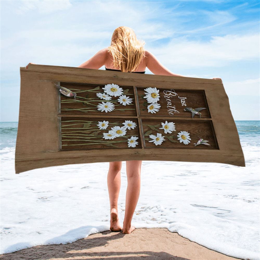 Baby Daisy Flower Hummingbird Just Breathe Beach Towel, Christian Beach Towel, Summer Towels