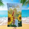 Beautiful Girl Lion Walking With Jesus Sunflower Field Beach Towel, Christian Beach Towel, Summer Towels