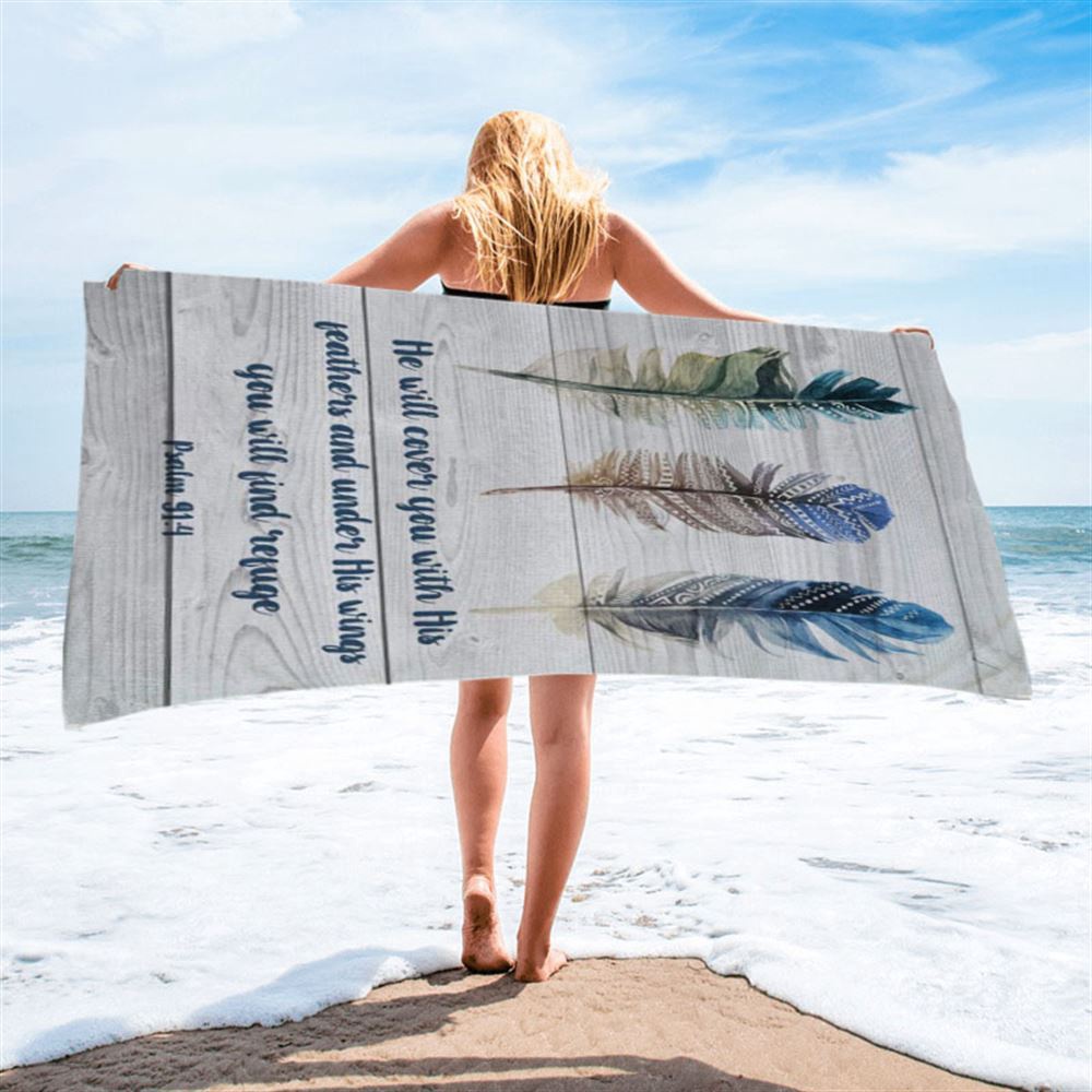 Bible Verse Psalm 914 He Will Cover You With His Feathers Beach Towel, Christian Beach Towel, Summer Towels Bible Verse Psalm 914 He Will Cover You With His Feathers Beach Towel, Christian Beach Towel, Summer Towels