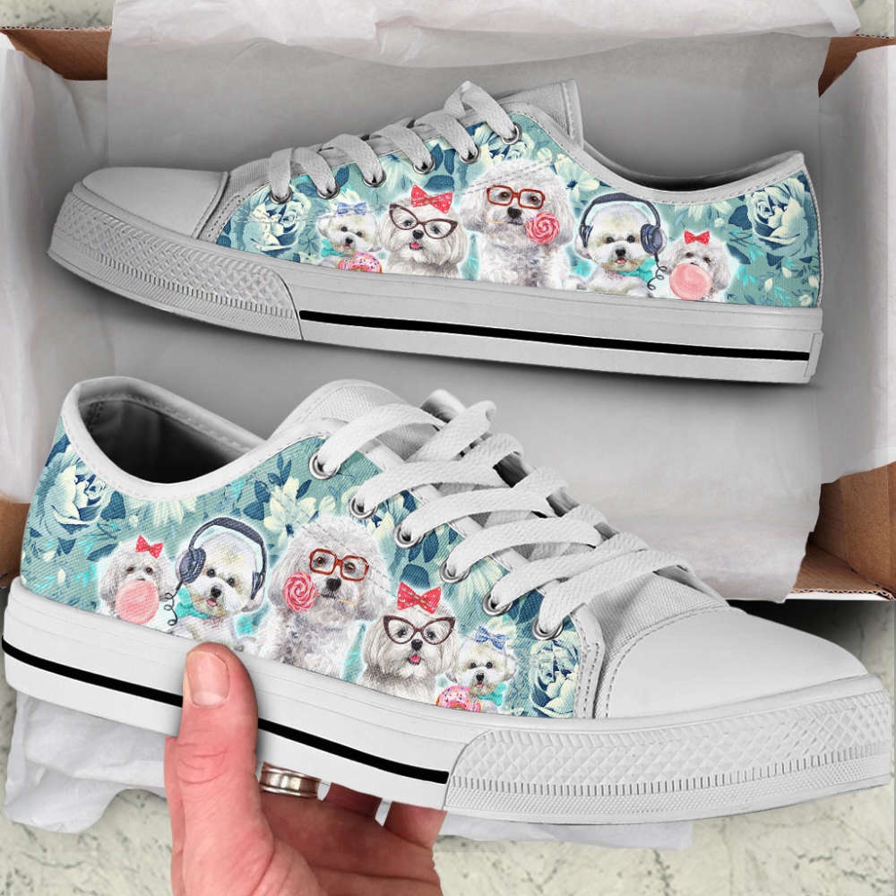 Bichon Dog Flowers Pattern Turquoise Low Top Shoes Canvas Sneakers, Designer Low Top Shoes, Low Top Sneakers
