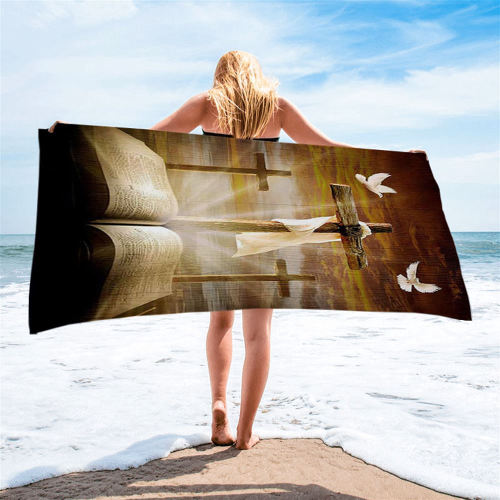 Big Cross Amazing Halo Bible White Dove Beach Towel, Christian Beach Towel, Summer Towels Big Cross Amazing Halo Bible White Dove Beach Towel, Christian Beach Towel, Summer Towels