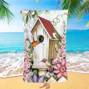 Birdhouse Hummingbird Pink Flower Garden Beach Towel,&hellip;