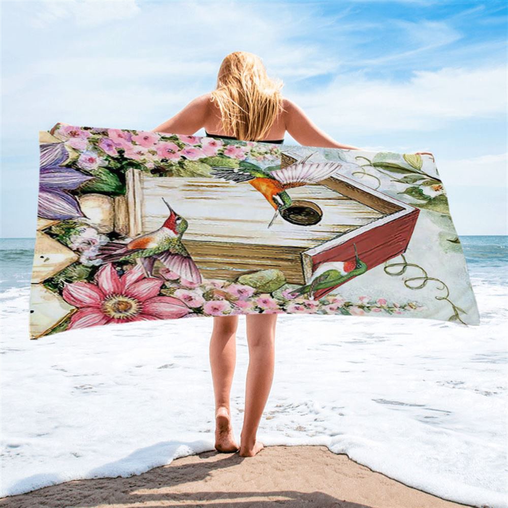 Birdhouse Hummingbird Pink Flower Garden Beach Towel, Christian Beach Towel, Summer Towels Birdhouse Hummingbird Pink Flower Garden Beach Towel, Christian Beach Towel, Summer Towels