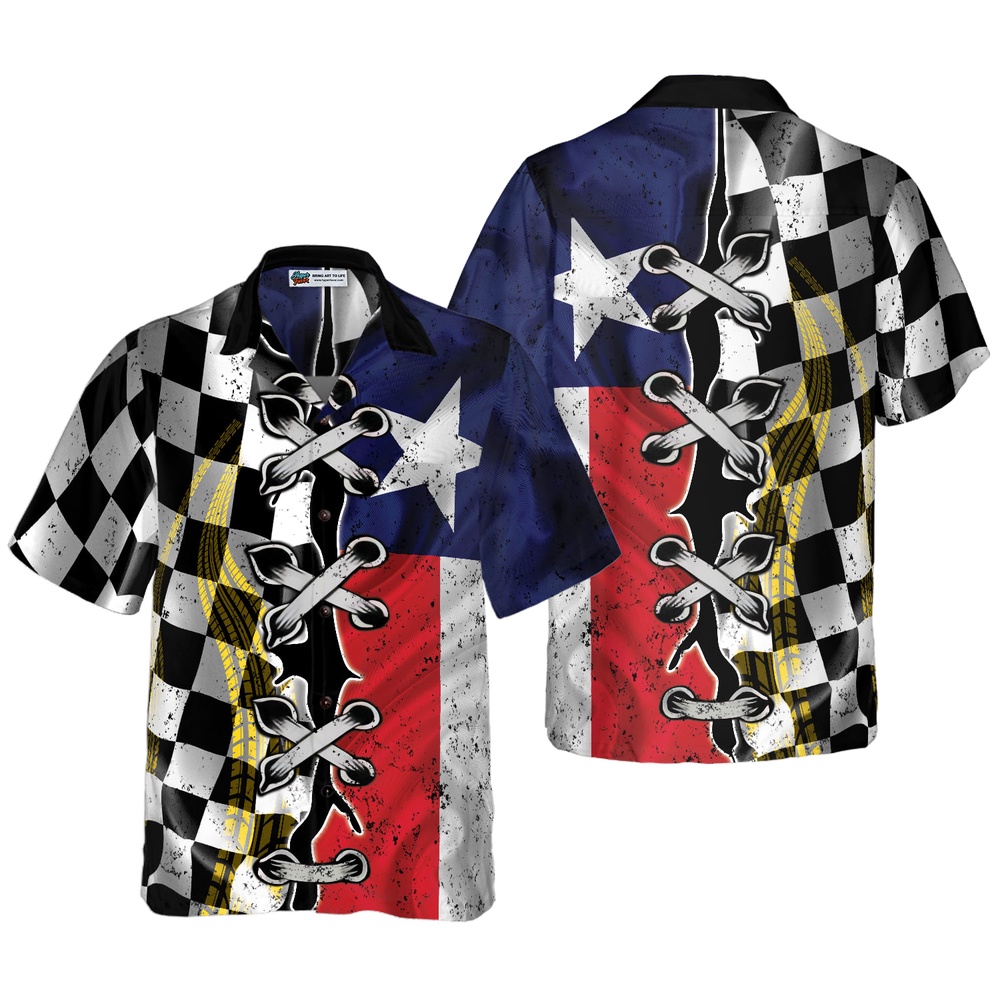 Black And White Texas Racing Flag Hawaiian Shirt, Texas Hawaii Shirt, Texas Shirt
